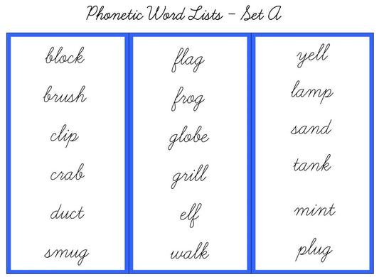 Blue Word Lists, Cursive - Set A (PDF)