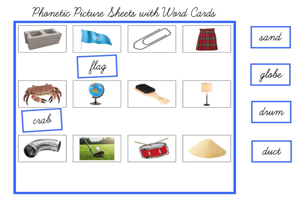 Blue Picture Sheets with Word Cards, Cursive (PDF)