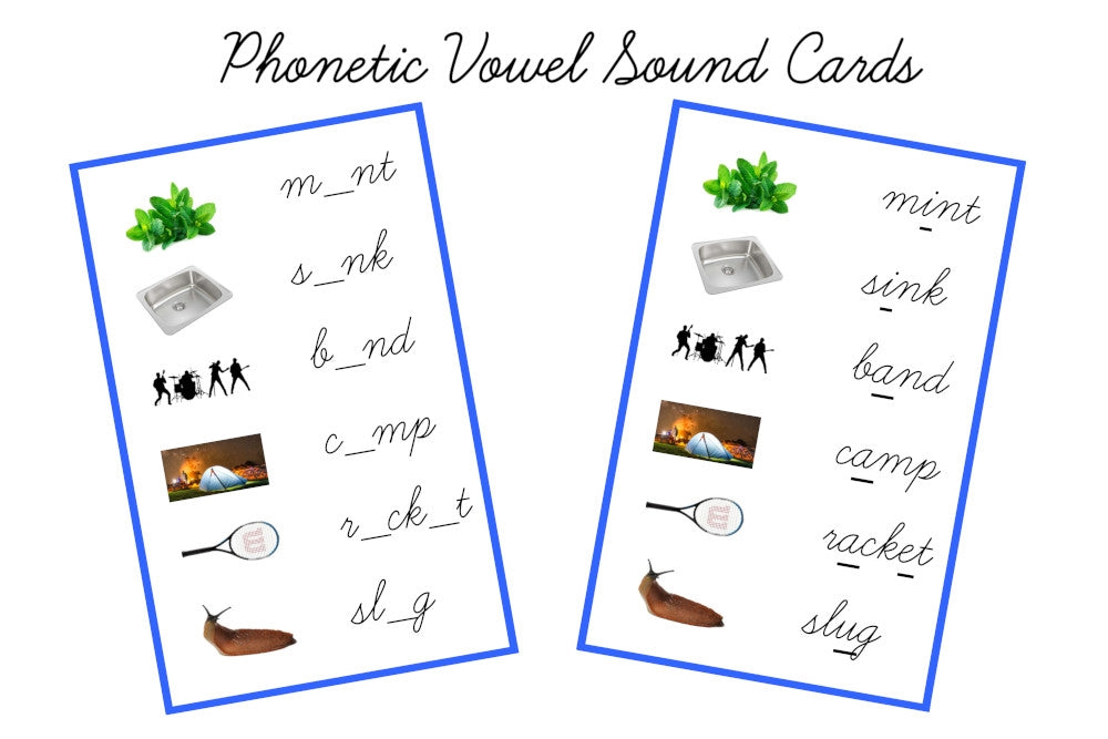 Blue Vowel Sound Cards, Cursive (PDF)