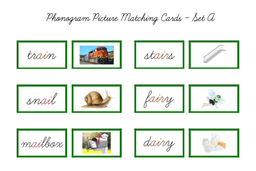 Cursive Matching Green Picture Matching Cards, Cursive - Set A (PDF) - IFIT Montessori