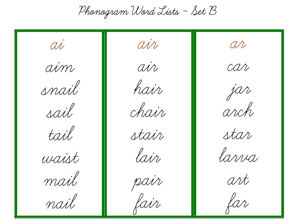 Cursive Set Green Word Lists, Cursive - Set B (PDF) - IFIT Montessori