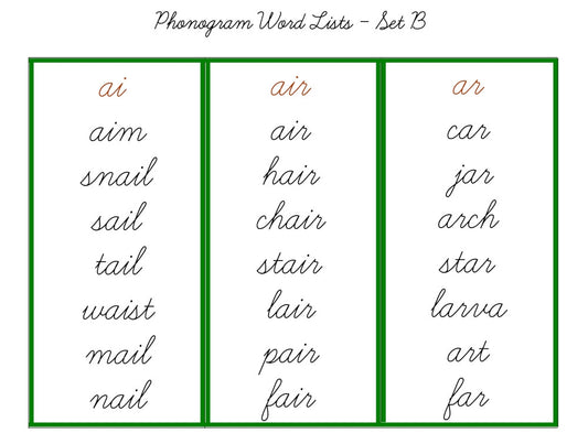 Green Word Lists, Cursive - Set B (PDF)