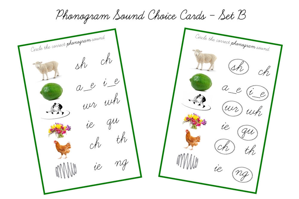 Green Phonogram Sound Choice Cards, Cursive - Set B (PDF)