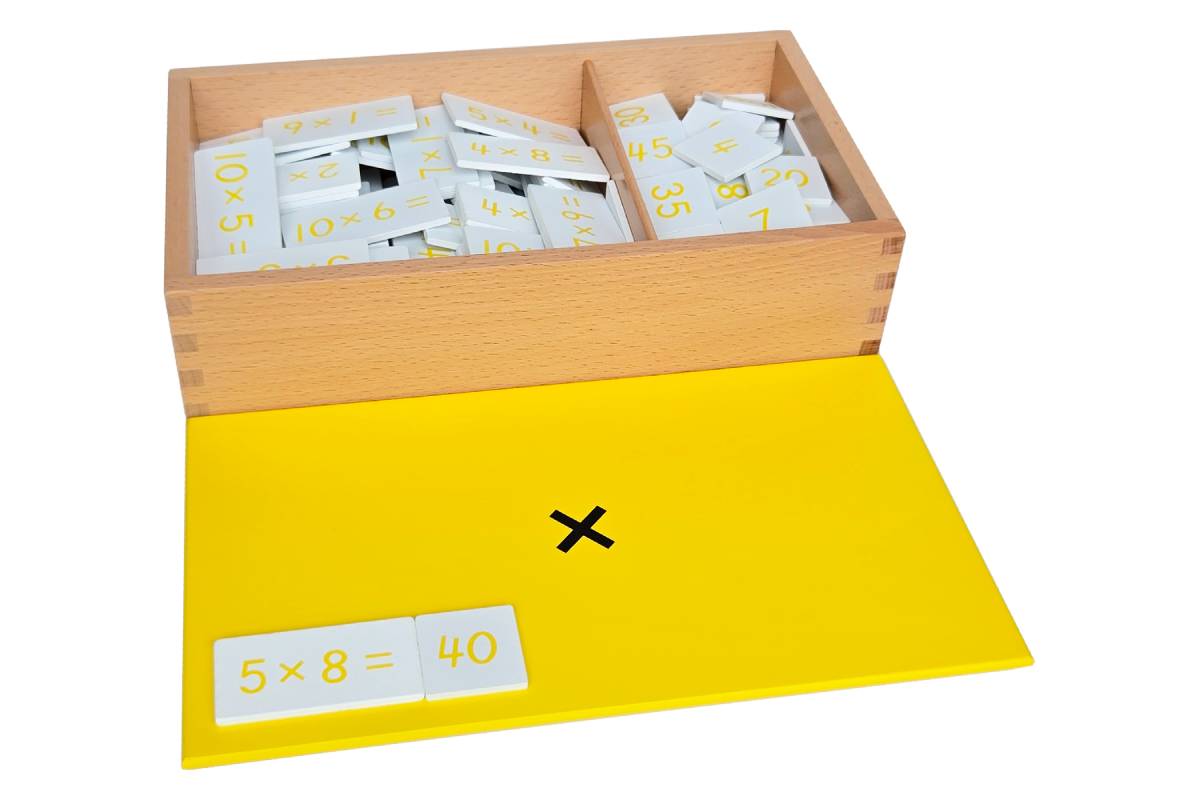 Multiplication equations and products box with yellow lid printed with "×" containing white tiles with yellow text.