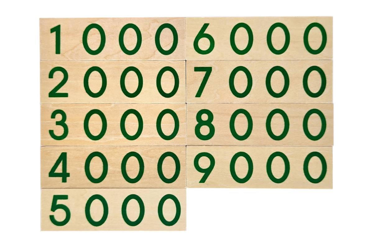 Wooden number cards 1000 through 9000 in green.