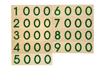 Wooden number cards 1000 through 9000 in green.