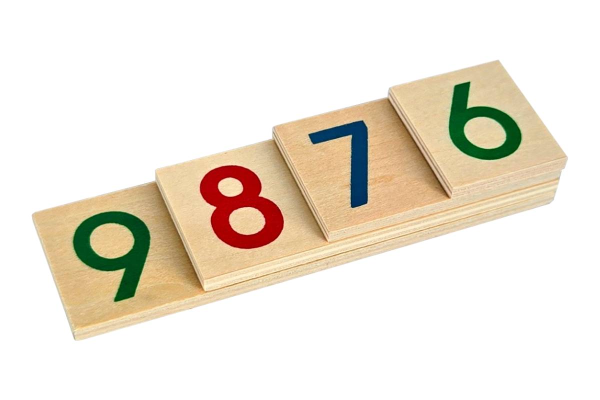 Four wooden number cards stacked together, displaying the numbers 9, 8, 7, and 6 in green, red, blue, and green.