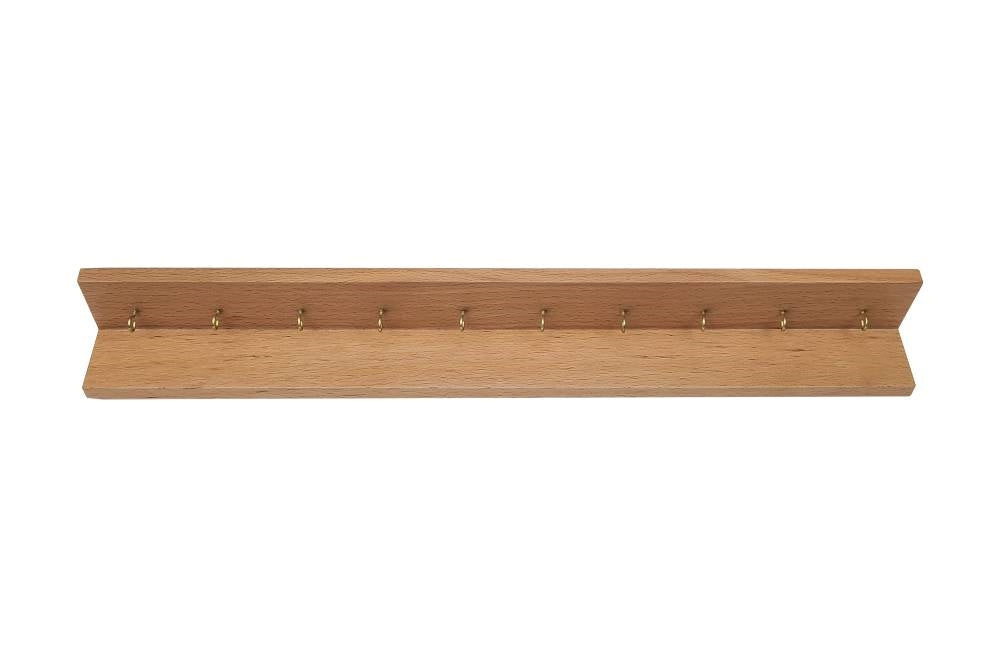 Wooden wall frame with hooks for holding up to ten bead chains.