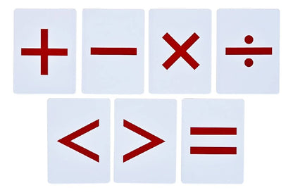 7 operation symbol cards: +, −, ×, ÷, <, >, =.