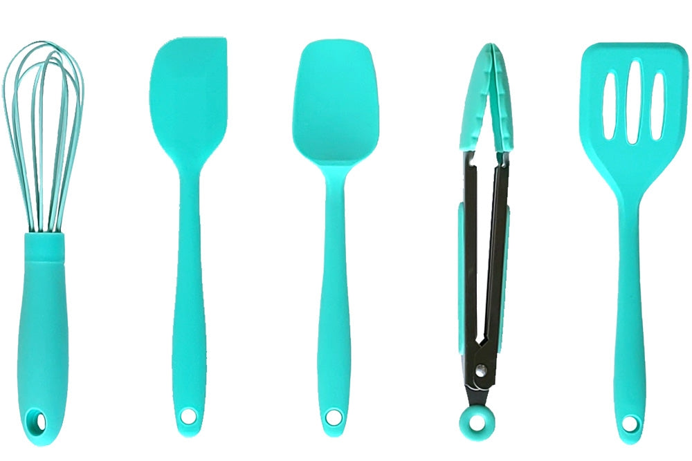 5-piece turquoise kid's silicone kitchenware set with a whisk, spatula, spoonula, tongs, and slotted turner.