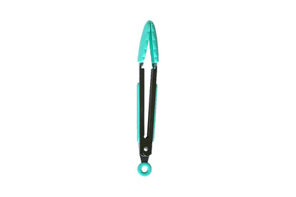 Stainless steel tongs with turquoise silicone grips.