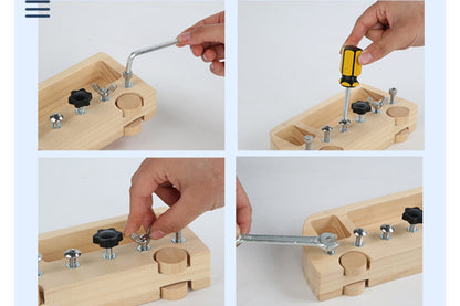 Demonstrating using a hex key with a hex screw, a screwdriver with a head screw, fingers with a butterfly screw, and a wrench with an outer hex screw.
