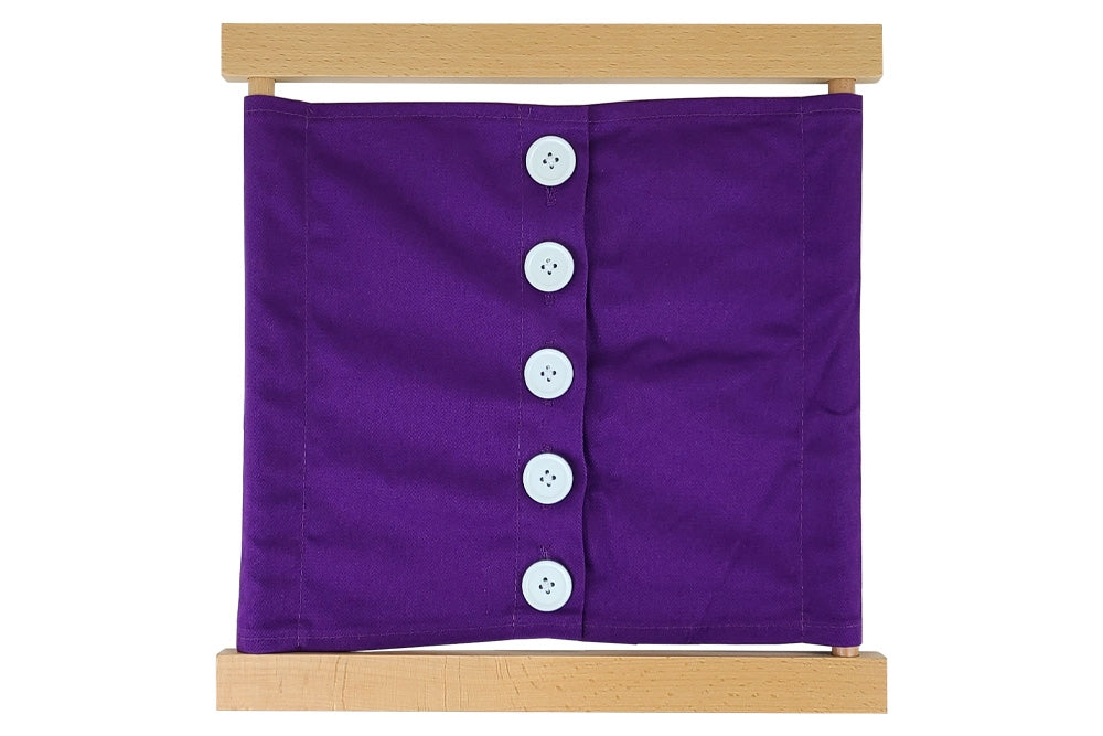 Wooden large-buttons dressing frame with purple fabric and white buttons.